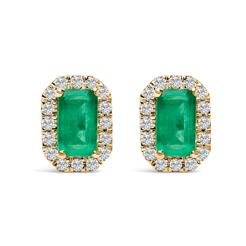 Stud Earrings for Bridesmaids Look -10K Yellow Gold 5x3mm Emerald-Cut Green Emerald and 1/7 Cttw Diamond Halo Octagonal Stud Earrings