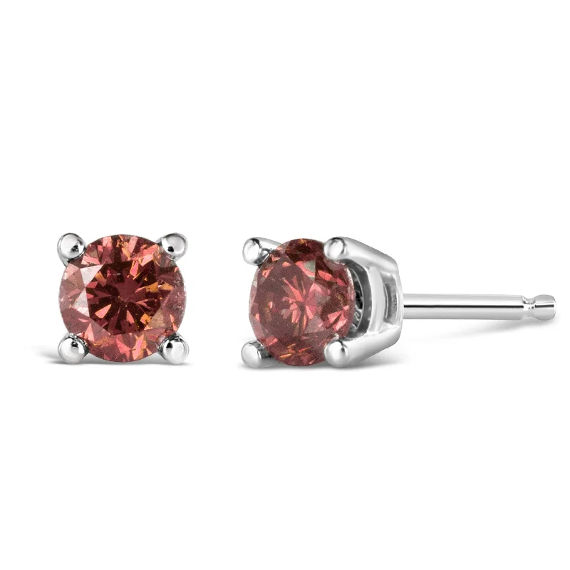 Leverback Stud Earrings for Comfort -14K Gold 4-Prong Set Round Brilliant-Cut Pink Diamond Solitaire Stud Earrings