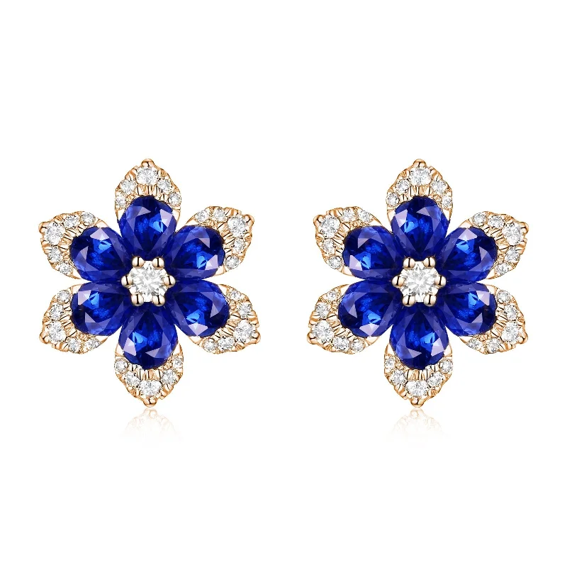 Stud Earrings for Party Look -14k Gold Diamond & Sapphire Flower Stud Earrings