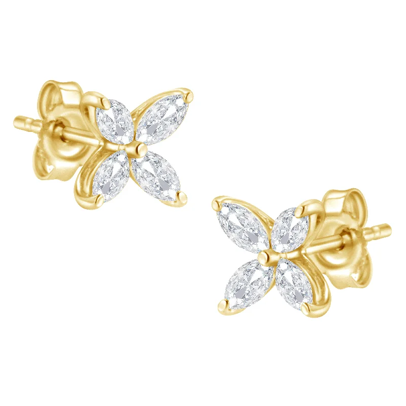 Stud Earrings for Everyday Glamour -14K Gold Marquise Diamond 8 Stone Floral Leaf Stud Earrings