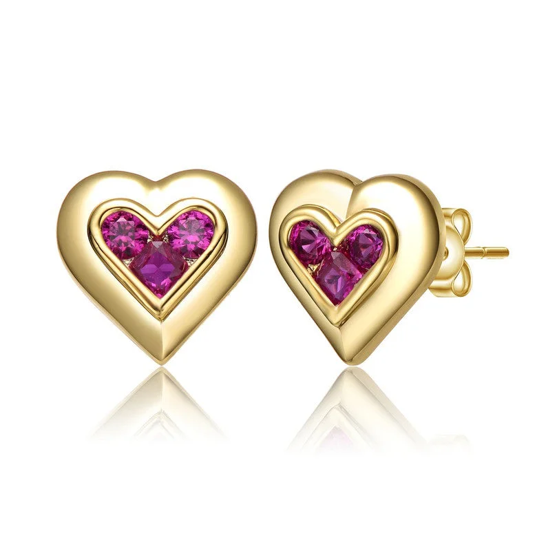 Stud Earrings with Etching -14k Gold Plated with Ruby Red Cubic Zirconia 3-Stone Cluster Heart Stud Earrings