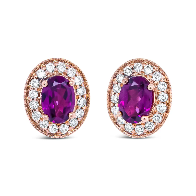 Stud Earrings with Debossed Designs -14K Rose Gold 7x5mm Oval Cut Garnet and 3/8 Cttw Round Diamond Halo Stud Earrings