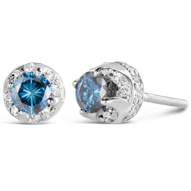 Stud Earrings for Casual Outfit -14K White Gold 1.00 Cttw Treated Blue and White Diamond Hidden Halo Stud Earrings