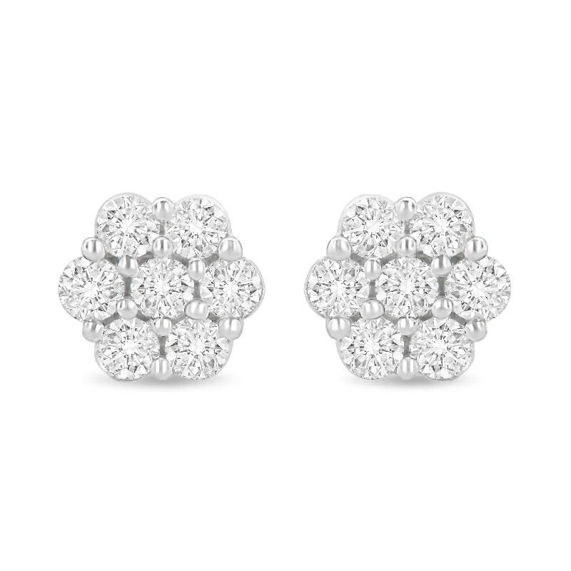 Gemstone Stud Earrings for Color -14K White Gold 1 1/2 cttw Prong Set Round-Cut Diamond Floral Cluster Stud Earrings