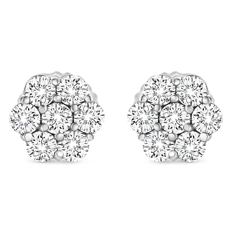 Push Back Stud Earrings for Convenience -14K White Gold 1/3 Cttw Floral Cluster Diamond Stud Earrings with Screw backs