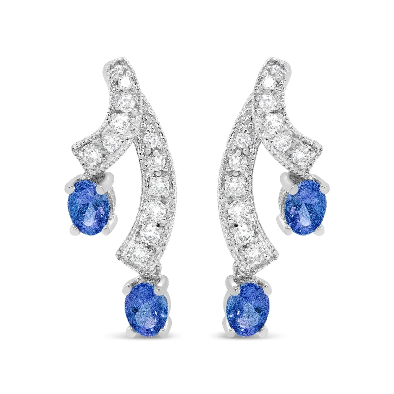 Stud Earrings with Crystals -14K White Gold 4x3MM Oval Shaped Natural Blue Tanzanite Gemstone and 1/5 Cttw Diamond Double 3/4" Inch Drop Stud Earrings