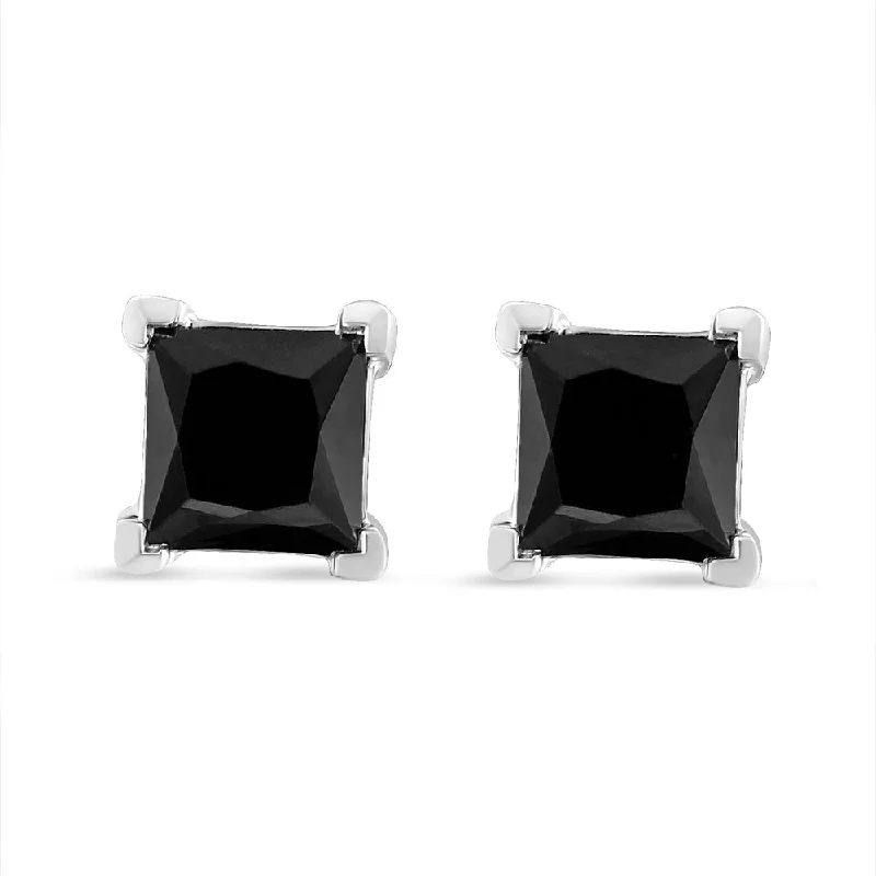 Floral Stud Earrings with Petals -14K White Gold Princess-Cut Treated Black Diamond Classic 4-Prong Stud Earrings