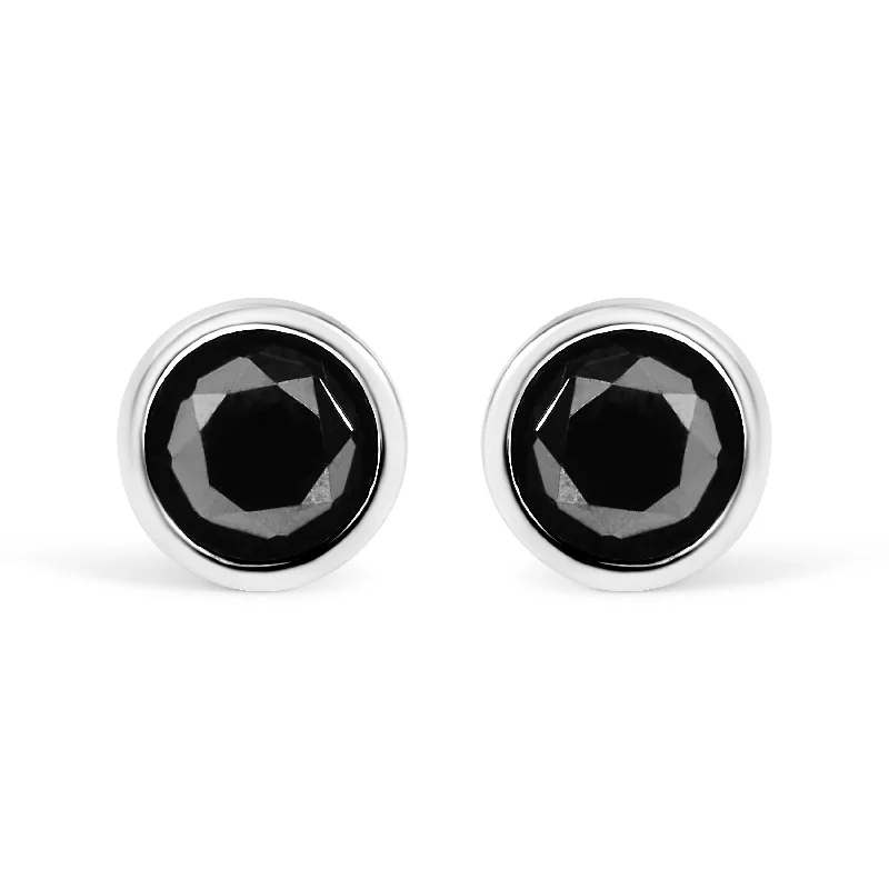 Triple Stud Earrings for Layered -14K White Gold Round Brilliant-Cut Black Diamond Bezel-Set Stud Earrings with Screw Backs