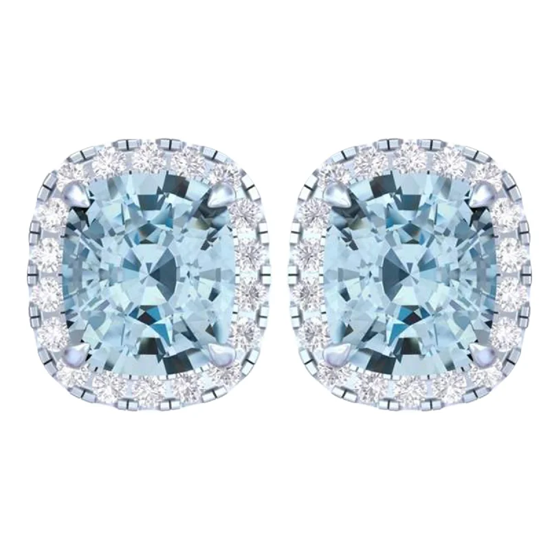 Stud Earrings with Crown Designs -14k White Gold Vivid Blue Cushion Cut 5.5 Ct Lab-Grown Diamond Halo Stud Earrings