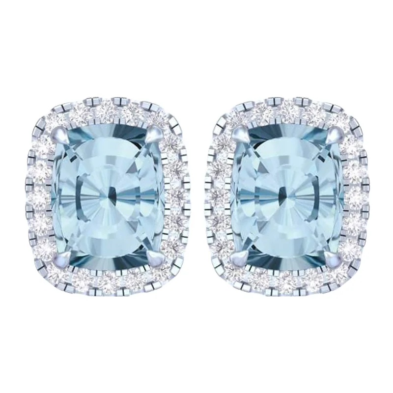 Silver Stud Earrings for Men -14k White Gold Vivid Blue Cushion Cut 5.60 Ct Lab-Grown Diamond Halo Stud Earrings