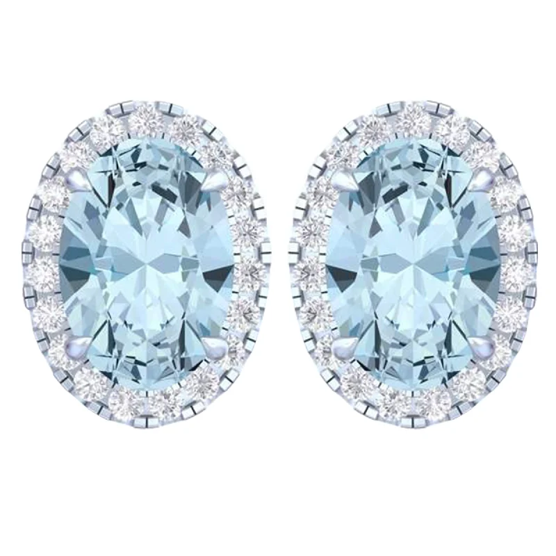 Large Stud Earrings for Statement -14k White Gold Vivid Blue Oval Cut 4.60 Ct Lab-Grown Diamond Halo Stud Earrings