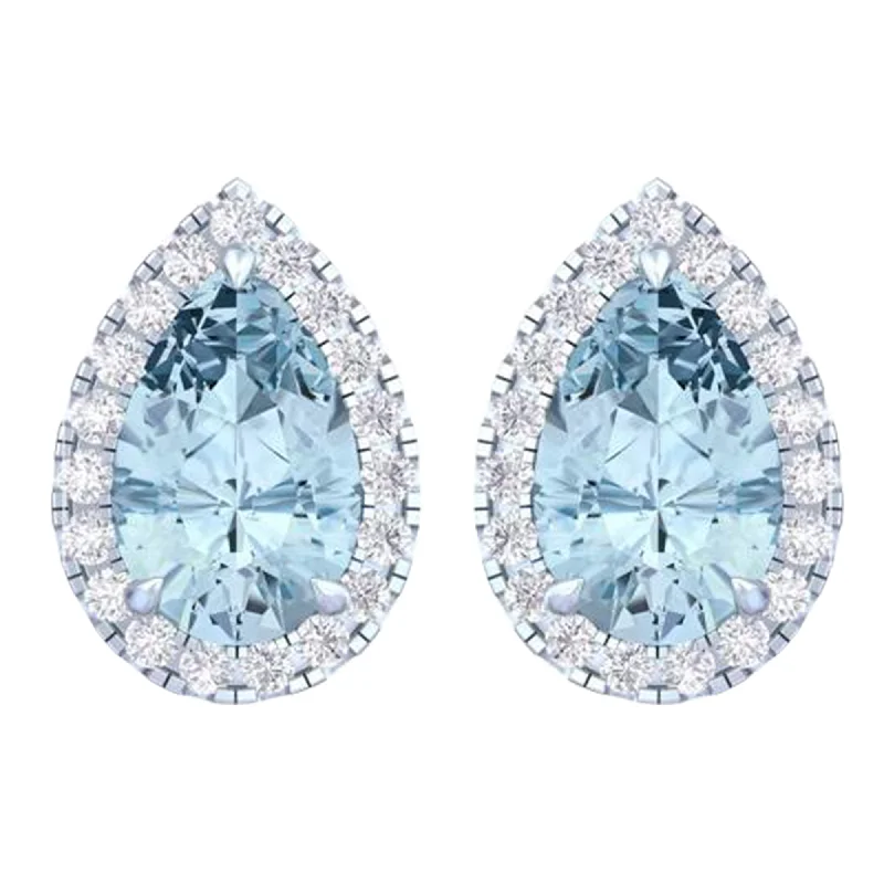 Diamond Stud Earrings for Luxury -14k White Gold Vivid Blue Pear Cut 4.7 Ct Lab-Grown Diamond Halo Stud Earrings