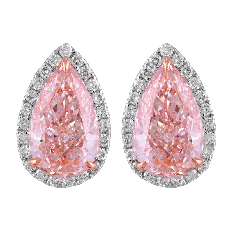 Small Stud Earrings for Delicate -14k White Gold Vivid Pink 3.8 Ct Pear Cut Lab-Grown Diamond Halo Stud Earrings