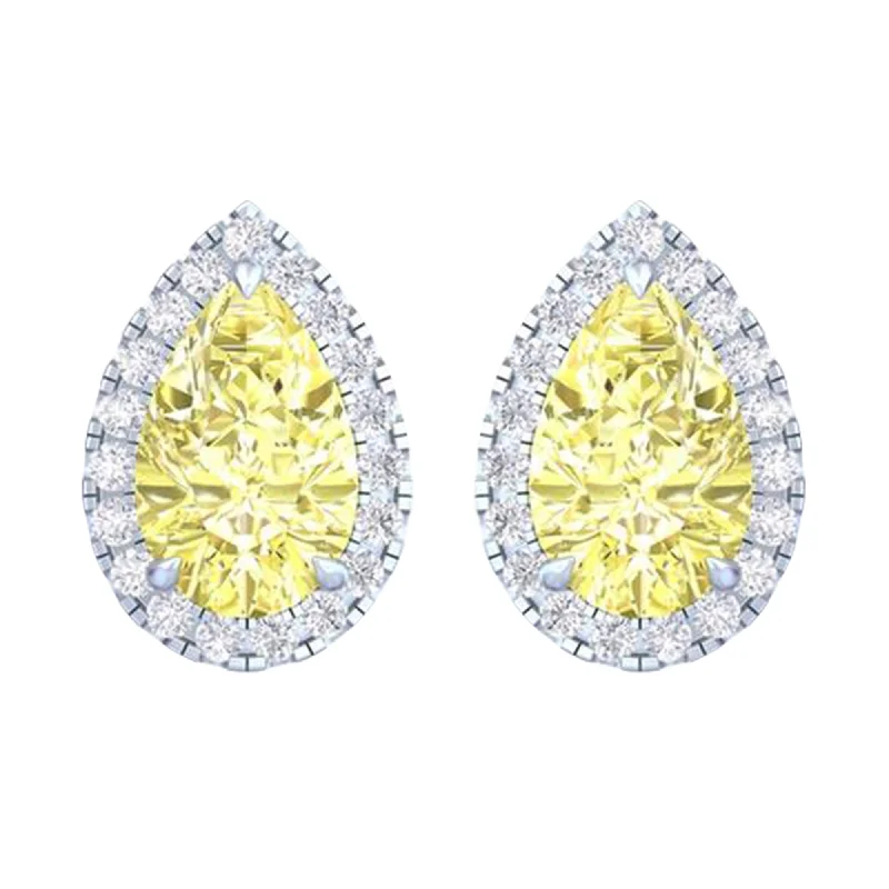 Stud Earrings with Knot Designs -14k White Gold Vivid Yellow Pear Cut 3.50 Ct Lab-Grown Diamond Halo Stud Earrings