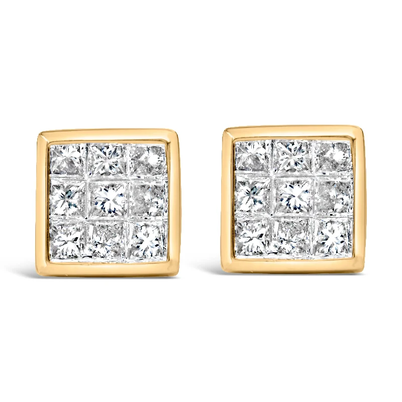 Square Stud Earrings for Modern -14K Yellow Gold 1.0 Cttw Princess Cut Diamond Composite Stud Earrings with Screw Backs