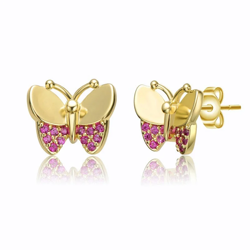 Stud Earrings for Christmas Party -14k Yellow Gold Plating with Ruby Cubic Zirconia Pave Butterfly Stud Earrings for Kids