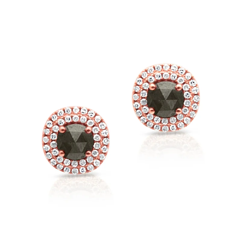 Lead Free Stud Earrings for Health -14KT Rose Gold Black Diamond Halo Stud Earrings