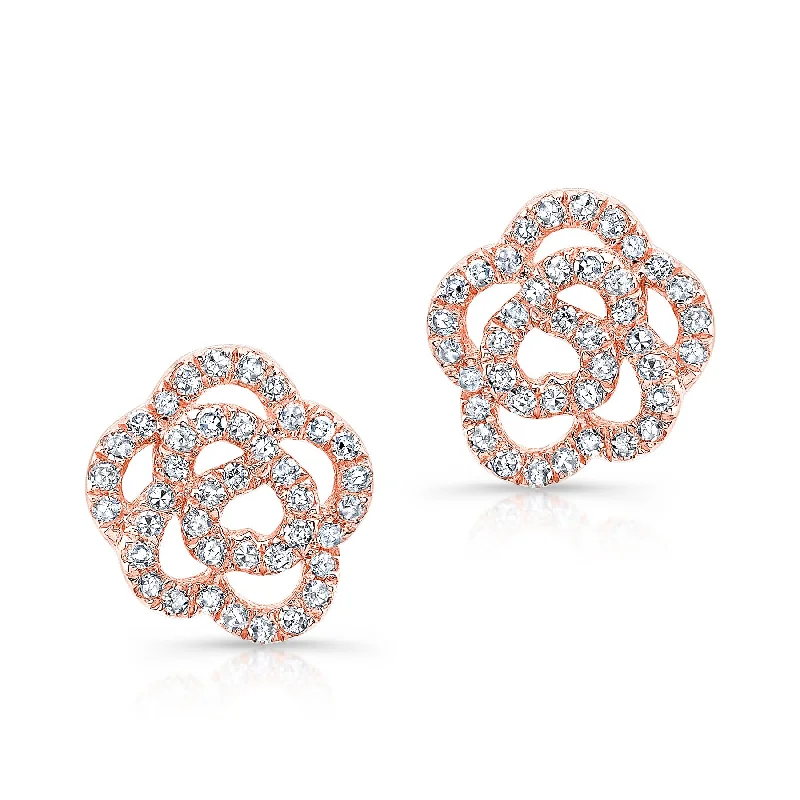 Gemstone Stud Earrings for Color -14KT Rose Gold Diamond Camellia Flower Stud Earrings