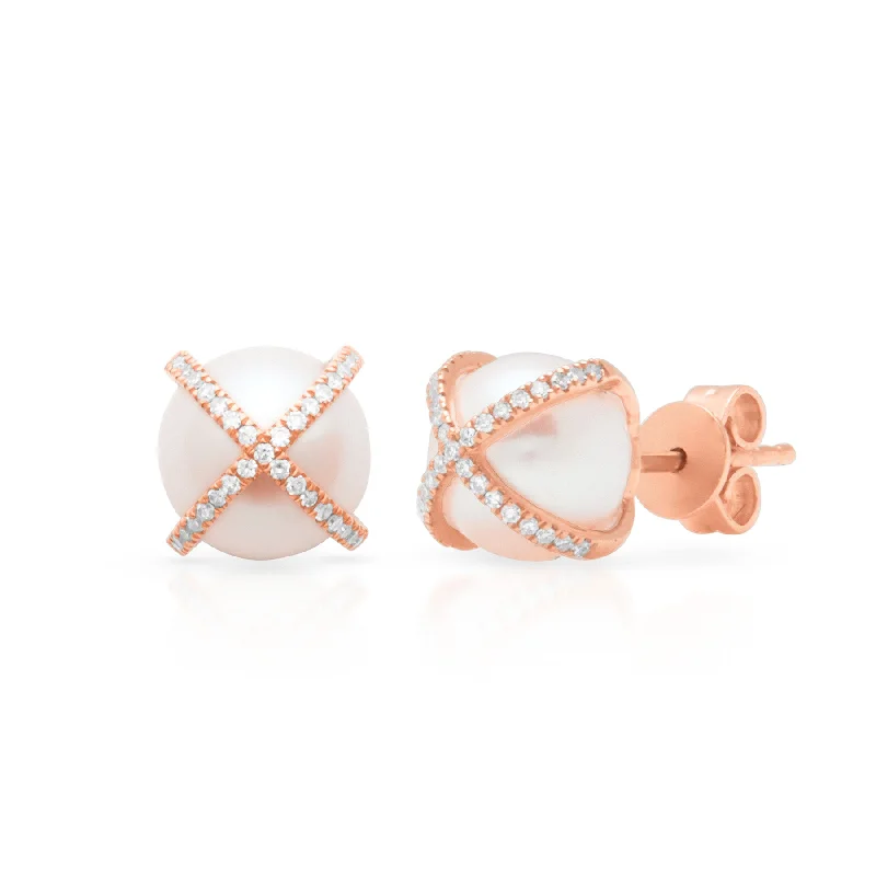 Small Stud Earrings for Delicate -14KT Rose Gold Diamond X Pearl Stud Earrings