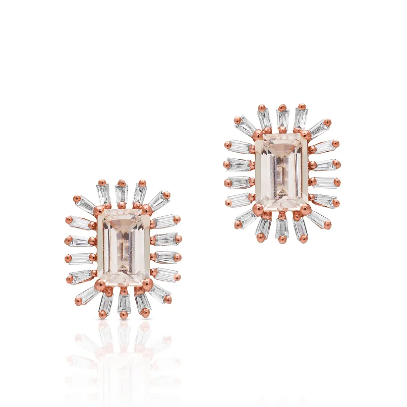 Silver Stud Earrings for Men -14KT Rose Gold Morganite Baguette Diamond Audelia Stud Earrings