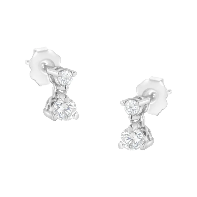 Stud Earrings for Engagement Party -14KT White Gold 1/2 cttw Double Diamond Dangle Stud Earrings