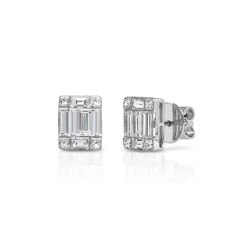 Stud Earrings for Concert Look -14KT White Gold Baguette Diamond Astor Stud Earrings