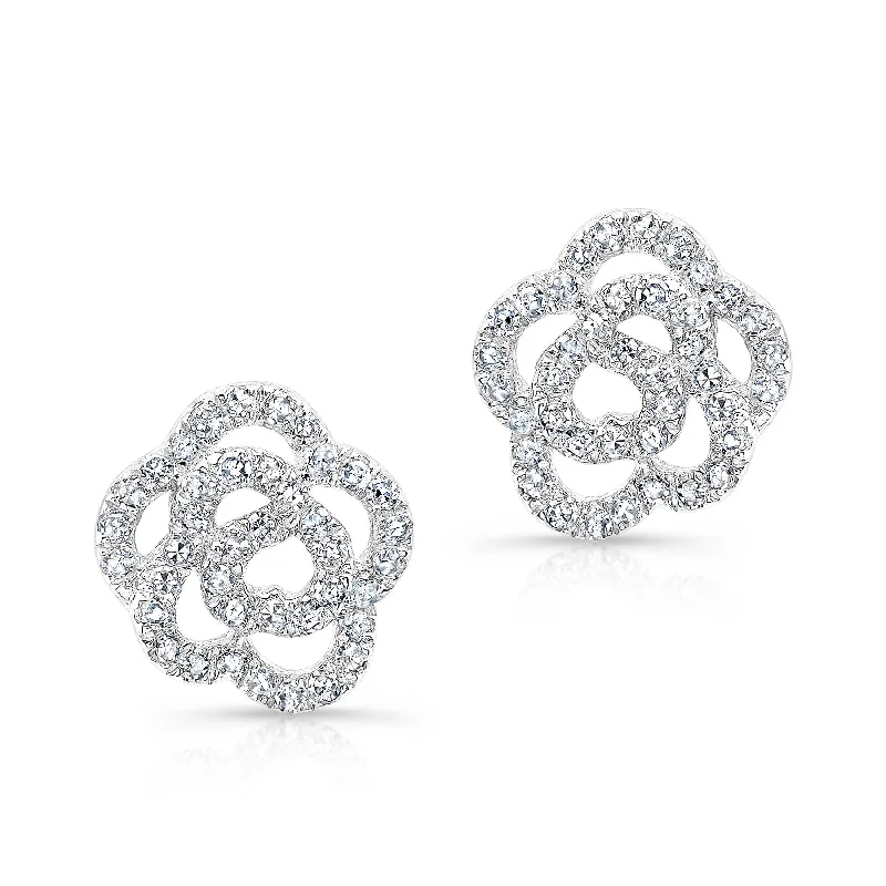 Stud Earrings for Travel Look -14KT White Gold Diamond Camellia Flower Stud Earrings