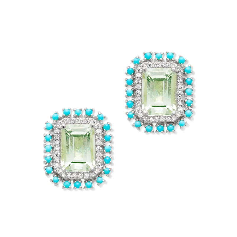 Stud Earrings with Crystals -14KT White Gold Green Amethyst Turquoise Diamond Monaco Stud Earrings