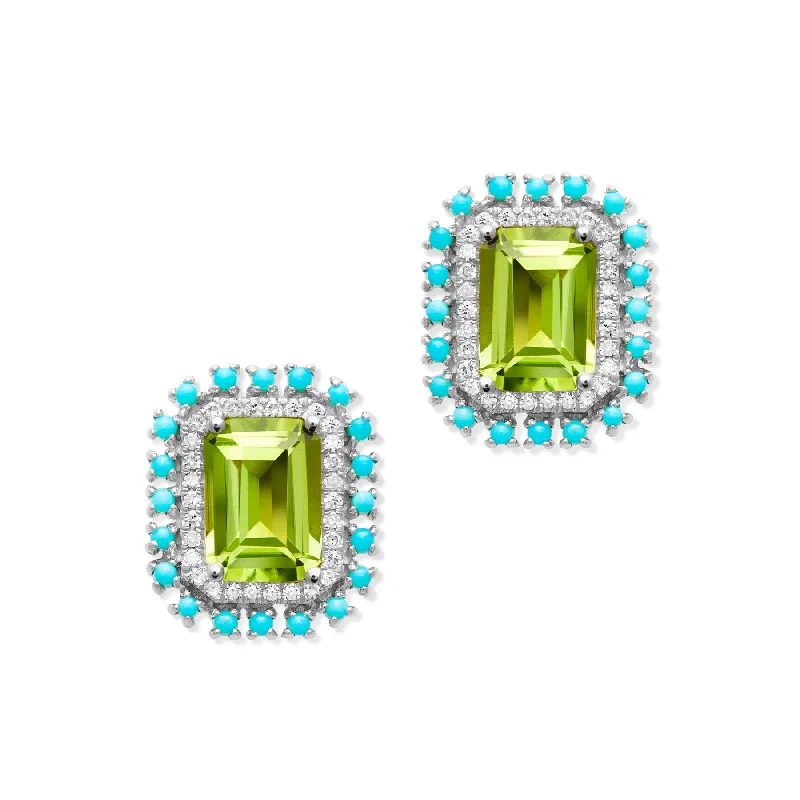 Stud Earrings with Enamel -14KT White Gold Peridot Turquoise Diamond Monaco Stud Earrings