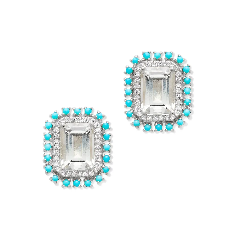 Stud Earrings with Rhinestones -14KT White Gold Topaz Turquoise Diamond Monaco Stud Earrings