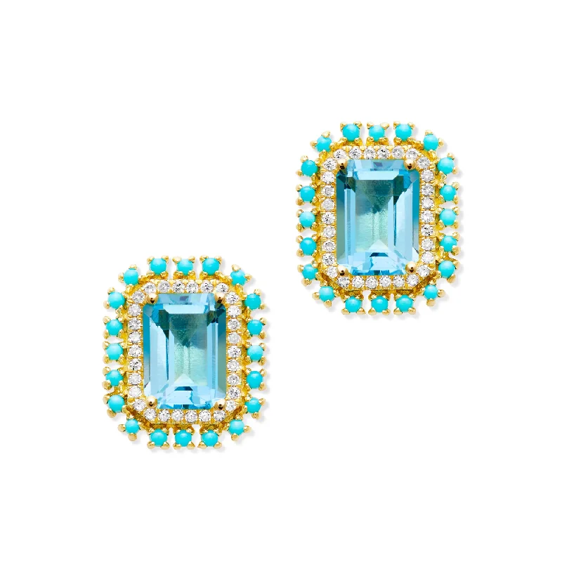 Retro Stud Earrings for Nostalgia -14KT Yellow Gold Blue Topaz Turquoise Diamond Monaco Stud Earrings