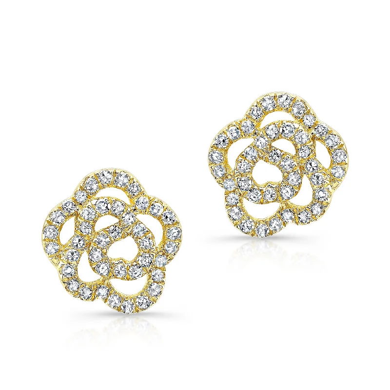 Stud Earrings for Yoga Session -14KT Yellow Gold Diamond Camellia Flower Stud Earrings