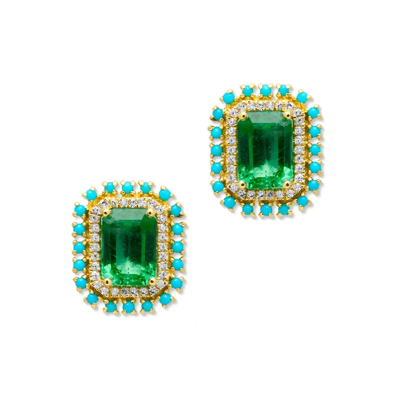 Punk Stud Earrings with Spikes -14KT Yellow Gold Emerald Turquoise Diamond Monaco Stud Earrings