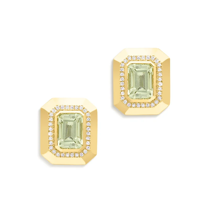 Stud Earrings with Infinity Symbols -14KT Yellow Gold Green Amethyst Diamond Marabel Stud Earrings