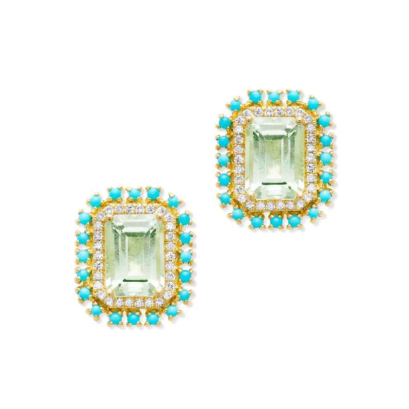 Maximalist Stud Earrings for Bling -14KT Yellow Gold Green Amethyst Turquoise Diamond Monaco Stud Earrings