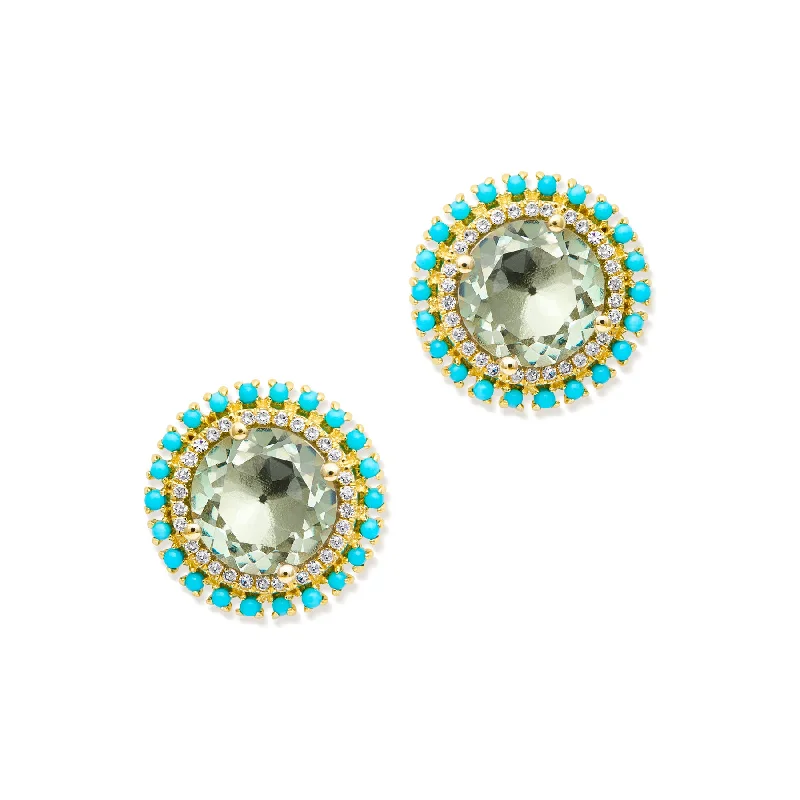 Oval Stud Earrings for Grace -14KT Yellow Gold Green Amethyst Turquoise Diamond Round Kai Stud Earrings