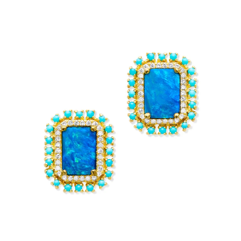 Bohemian Stud Earrings with Tassels -14KT Yellow Gold Opal Turquoise Diamond Monaco Stud Earrings