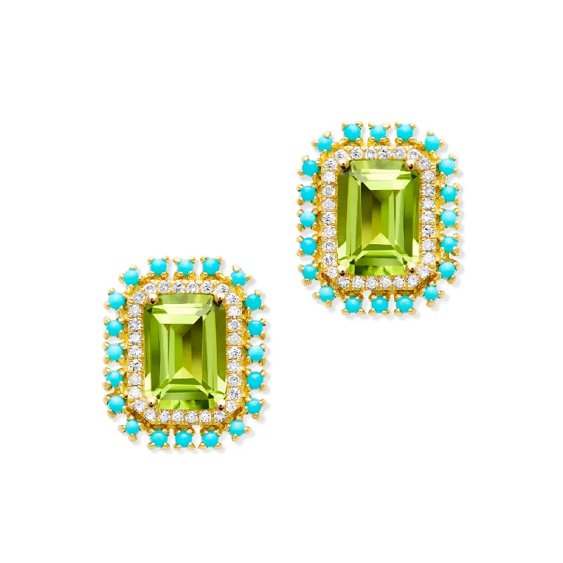 Vintage Stud Earrings with Patina -14KT Yellow Gold Peridot Turquoise Diamond Monaco Stud Earrings