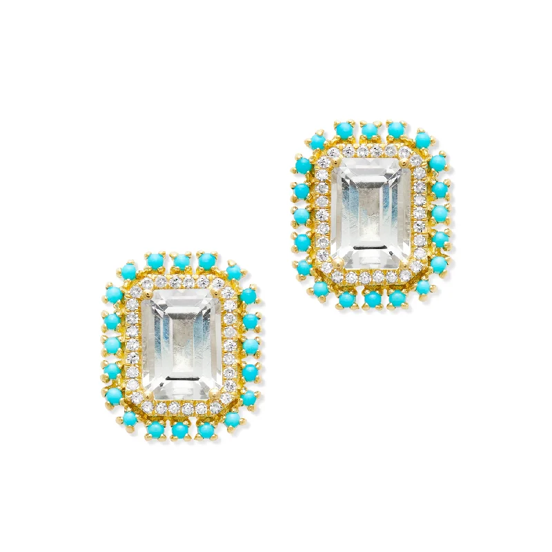 Minimalist Stud Earrings with Simplicity -14KT Yellow Gold Topaz Turquoise Diamond Monaco Stud Earrings