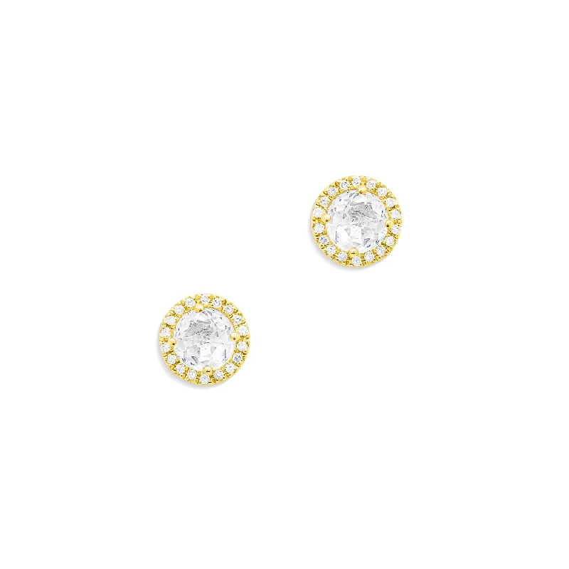 Stud Earrings with Floral Motifs -14KT Yellow Gold White Topaz Diamond Teresa Stud Earrings