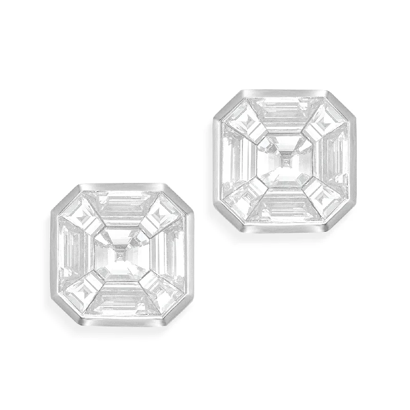 Stud Earrings for Gym Workout -18KT White Gold Asscher Cut Diamond Illusion Stud Earrings