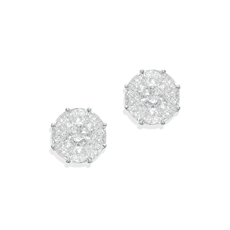 Stud Earrings for School Uniform -18KT White Gold Diamond Illusion Large Round Stud Earrings