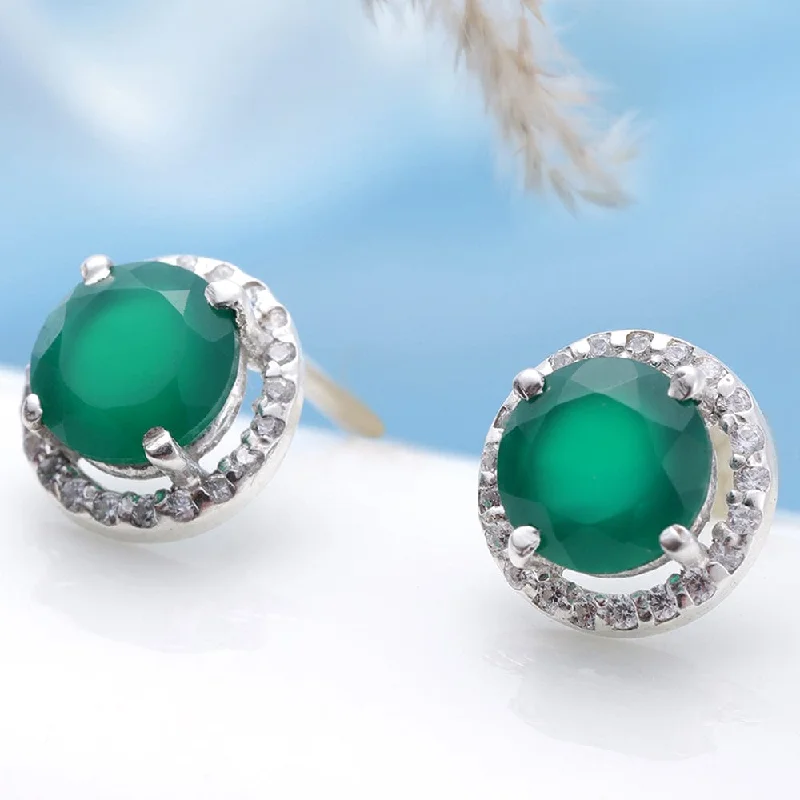 Stud Earrings with Pearls and Diamonds -92.5 Silver Green Onyx stud Earrings