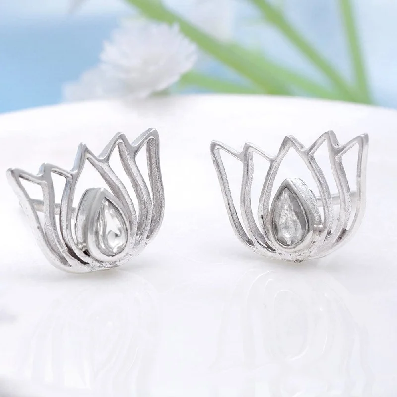 Stud Earrings for Fitness Activities -92.5 Silver White Kundan Sacred Lotus Stud Earrings