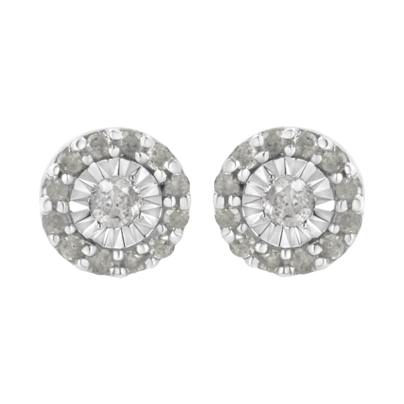 Stud Earrings for Gym Workout -.925 Sterling Silver 1/2 cttw Miracle-Set Round Diamond Halo Stud Earrings