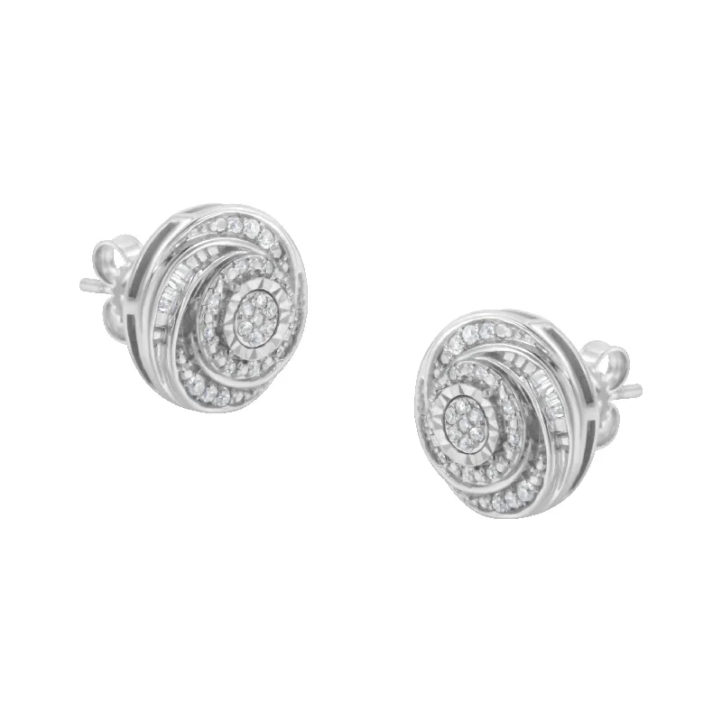 Stud Earrings with Vine Designs -.925 Sterling Silver 1/4 Cttw Baguette and Round Diamond Swirl Love Knot Stud Earrings