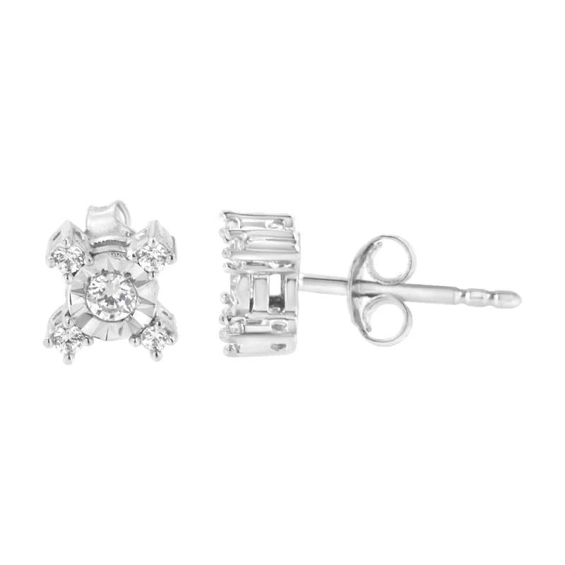 Heavy Duty Stud Earrings for Durability -.925 Sterling Silver 1/4 Cttw Miracle Plate Set Round and Princess-Cut Diamond "X" Shaped Stud Earrings