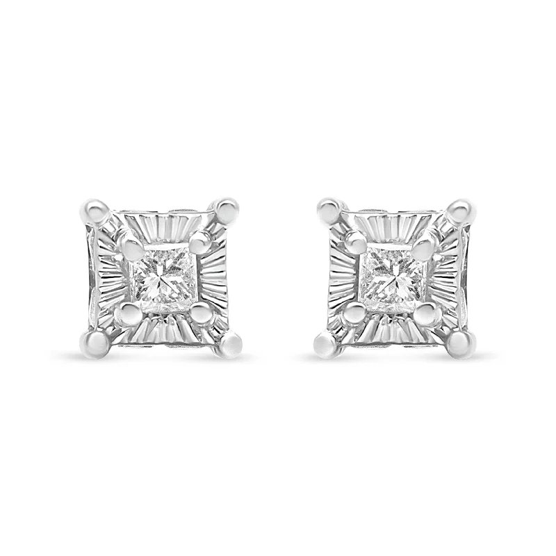 Stud Earrings for Travel Look -.925 Sterling Silver 1/4 Cttw Miracle Set Princess-Cut Diamond Solitaire Stud Earrings with Hidden Halo