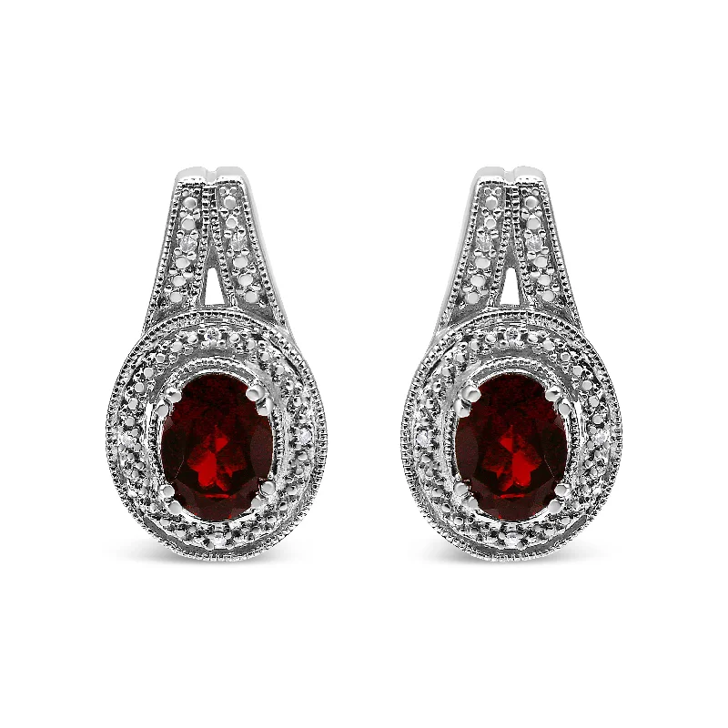 Stud Earrings with Chevron Designs -.925 Sterling Silver Diamond Accent and 8x6mm Red Oval Garnet Stud Earrings