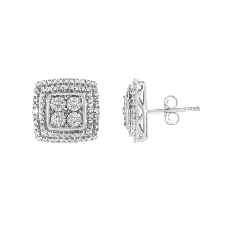 Ethnic Stud Earrings with Tribal Design -.925 Sterling Silver Diamond Accented Square Shaped Milgrain Stud Earrings